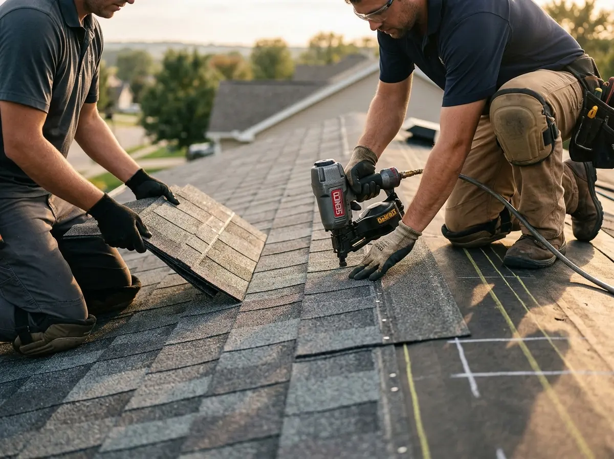 Professional roofer working on a residential roof in Grand Prairie